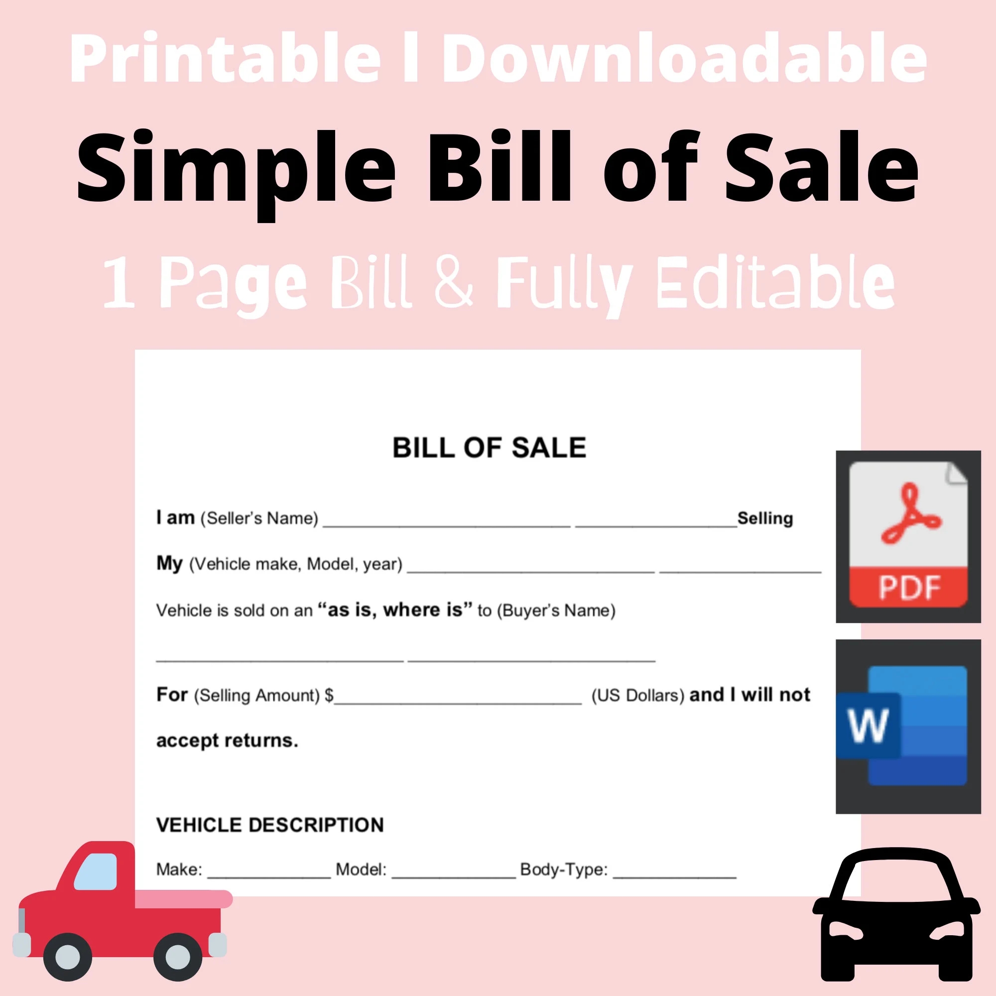 Bill Of Sale For Car Truck Bill Of Sale Pdf word Template Printable fillable editable downloadable Etsy