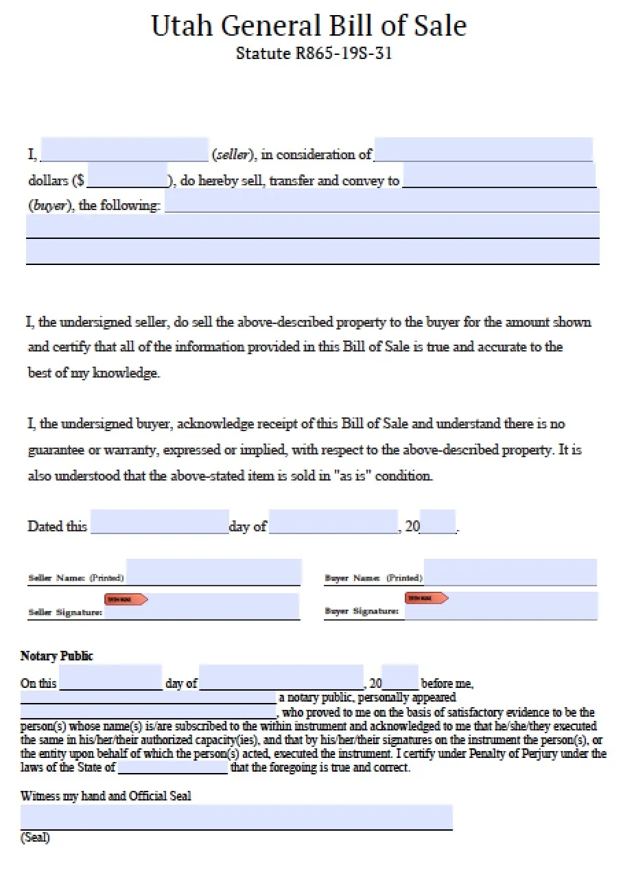 Bill Of Sale Utah Printable Printable Party Favors