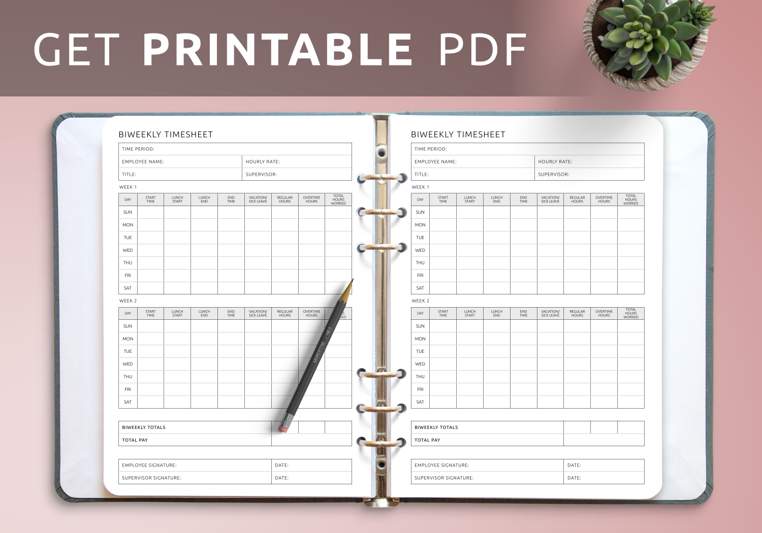 Biweekly Timesheet Template Digital Printable PDF Format