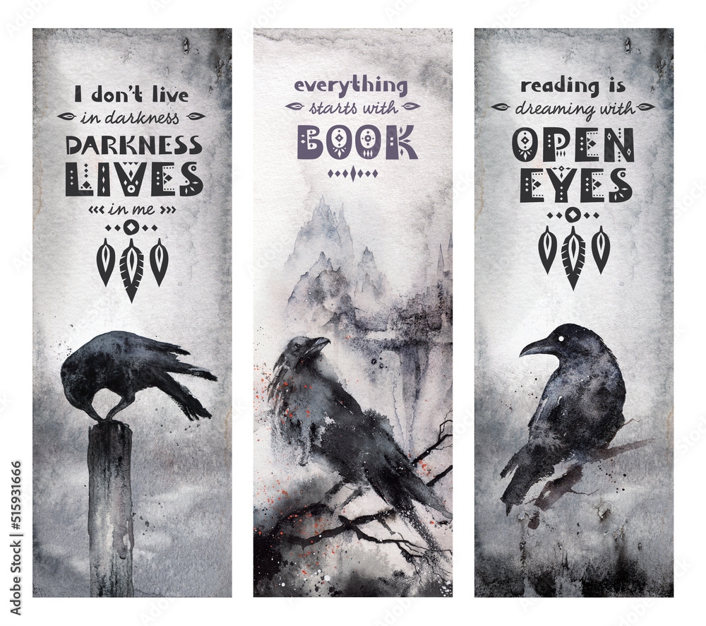 Black Raven Bookmark For Horror Book Dark Fantasy Watercolor Illustration Ready To Print Bookmark Template With Motivation Text Stock Illustration Adobe Stock