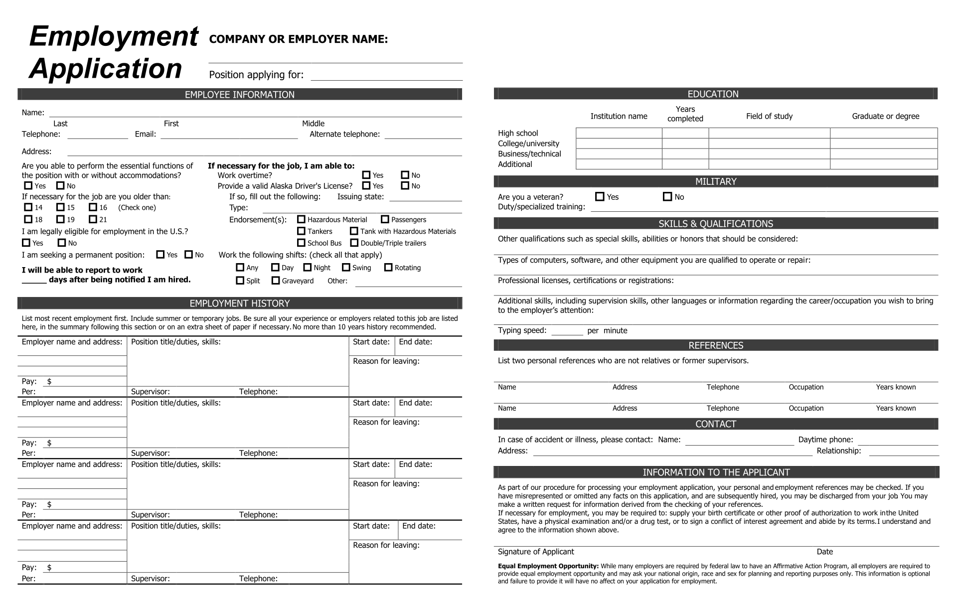 Free Printable Job Applications Pdf