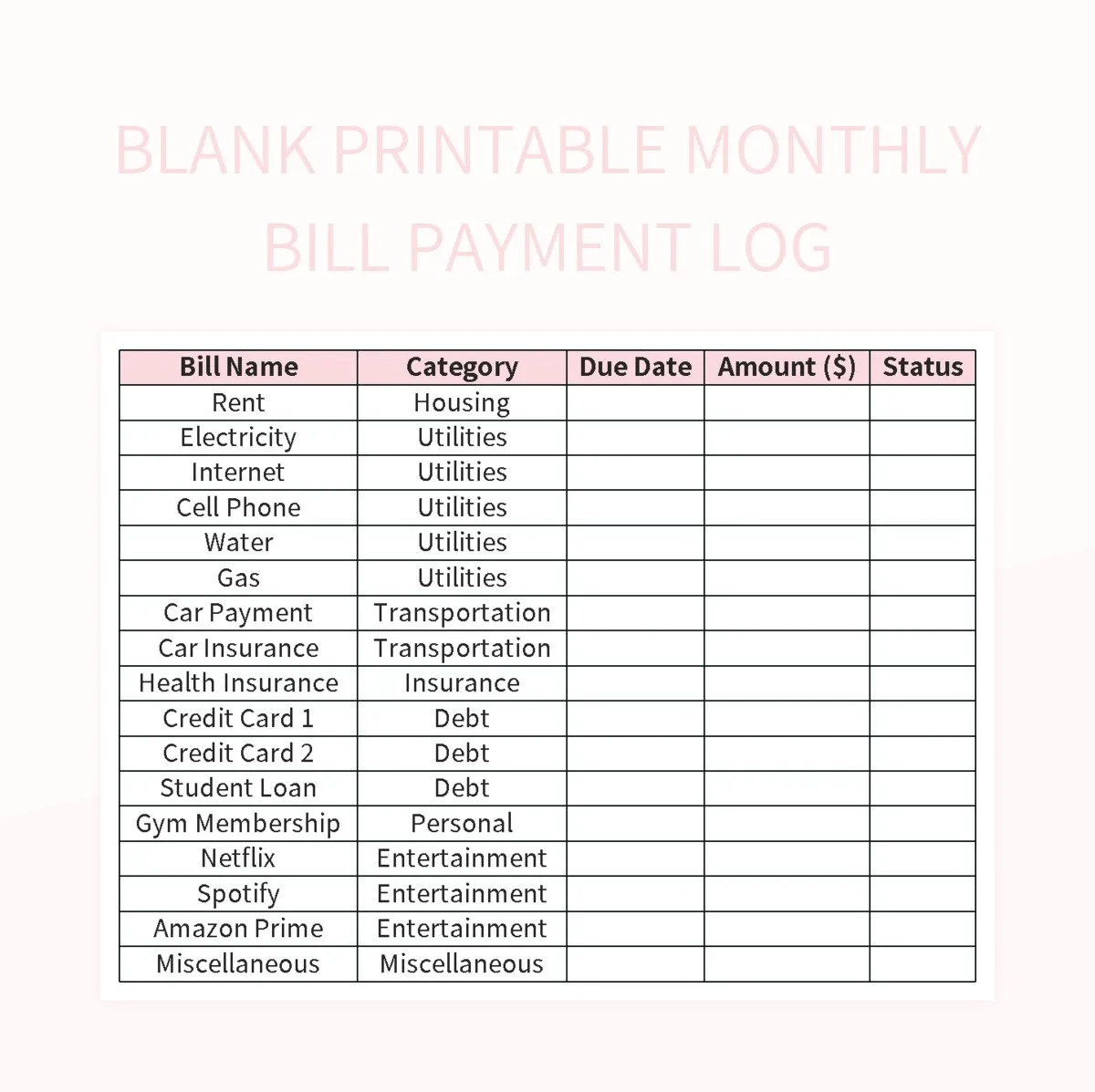 Blank Printable Monthly Bill Payment Log Excel Template And Google Sheets File For Free Download Slidesdocs