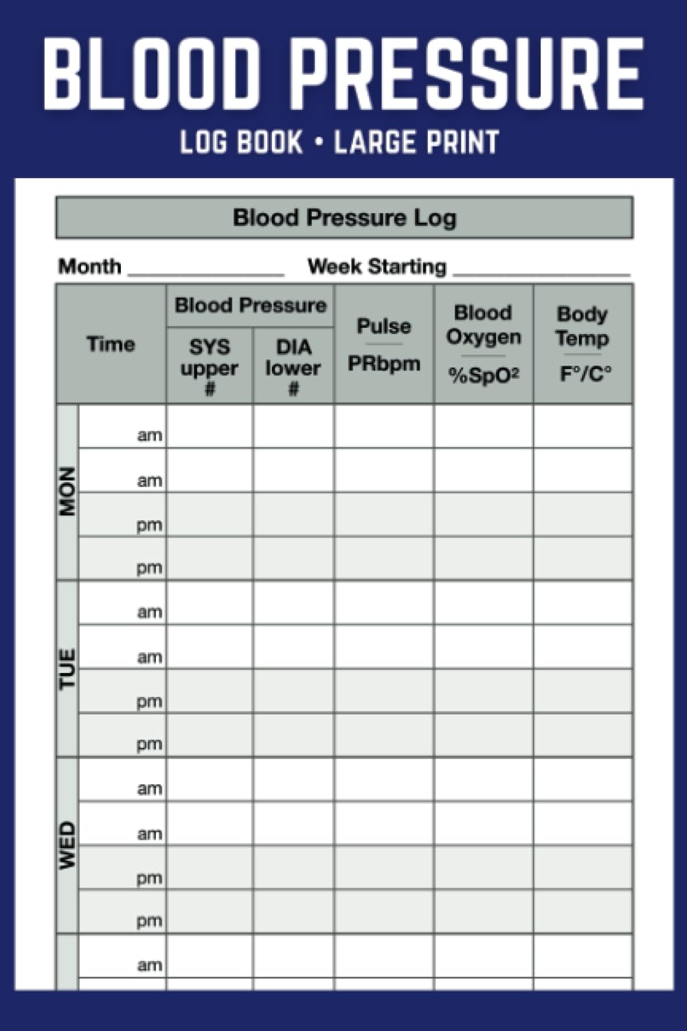 Blood Pressure Log Book Large Print Essential Blood Pressure Log Track Blood Pressure Pulse Ox And Body Temperature At Home 112 Pages 6 X 9 Inches Forms Precision Amazon Books