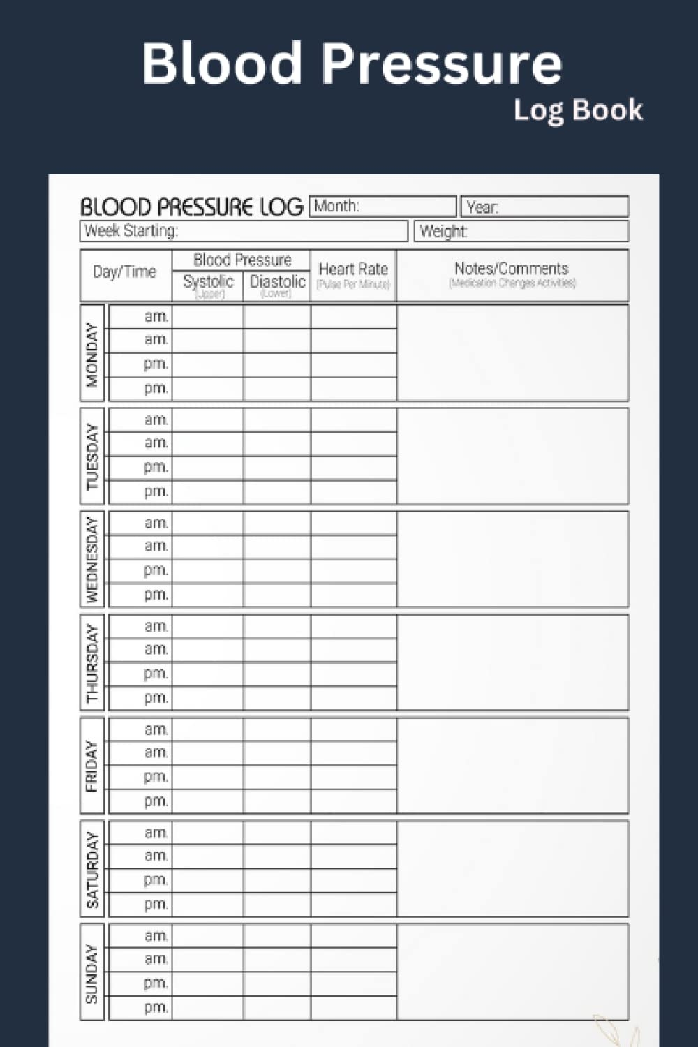 Blood Pressure Log Book Simple Daily Blood Pressure Log For Record And Monitor Blood Pressure At Home 120 Pages 6 X 9 Inches TURBAIN JAMMY Amazon Books Blood Pressure Log Book Simple Daily Blood Pressure Log For Record And Monitor Blood Pressure At Home 120 Pages 6 X 9 Inches TURBAIN JAMMY Amazon Books