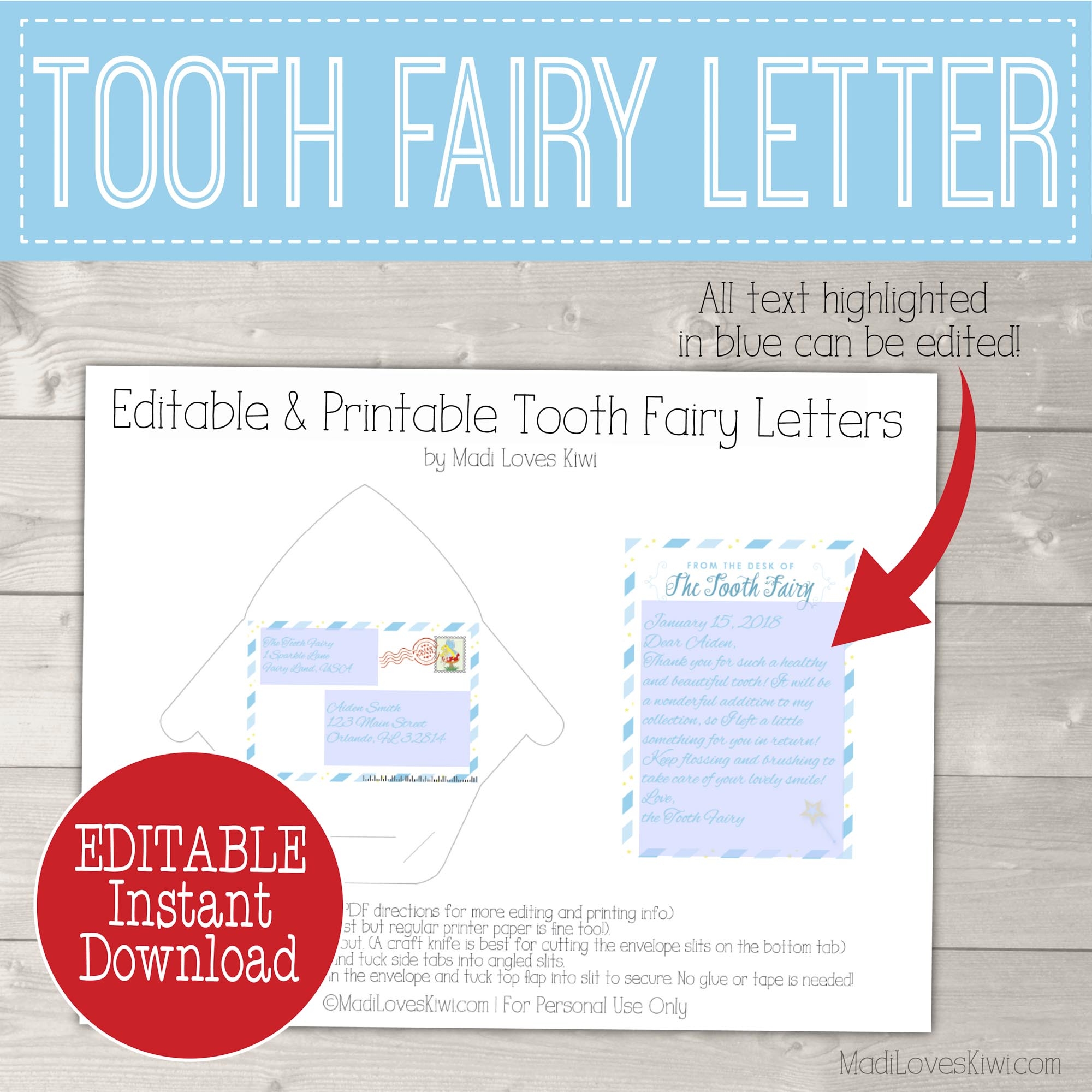 Blue Tooth Fairy Letter With Envelope Printable First Lost Tooth Note For Boys Madi Loves Kiwi Digital Downloads