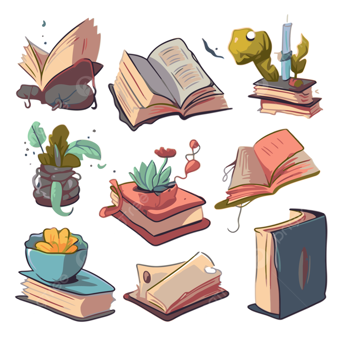 Books Clipart Set Of Book Icons And Plants Cartoon Vector Book Clipart Cartoon Clipart Books Clipart PNG And Vector With Transparent Background For Free Download
