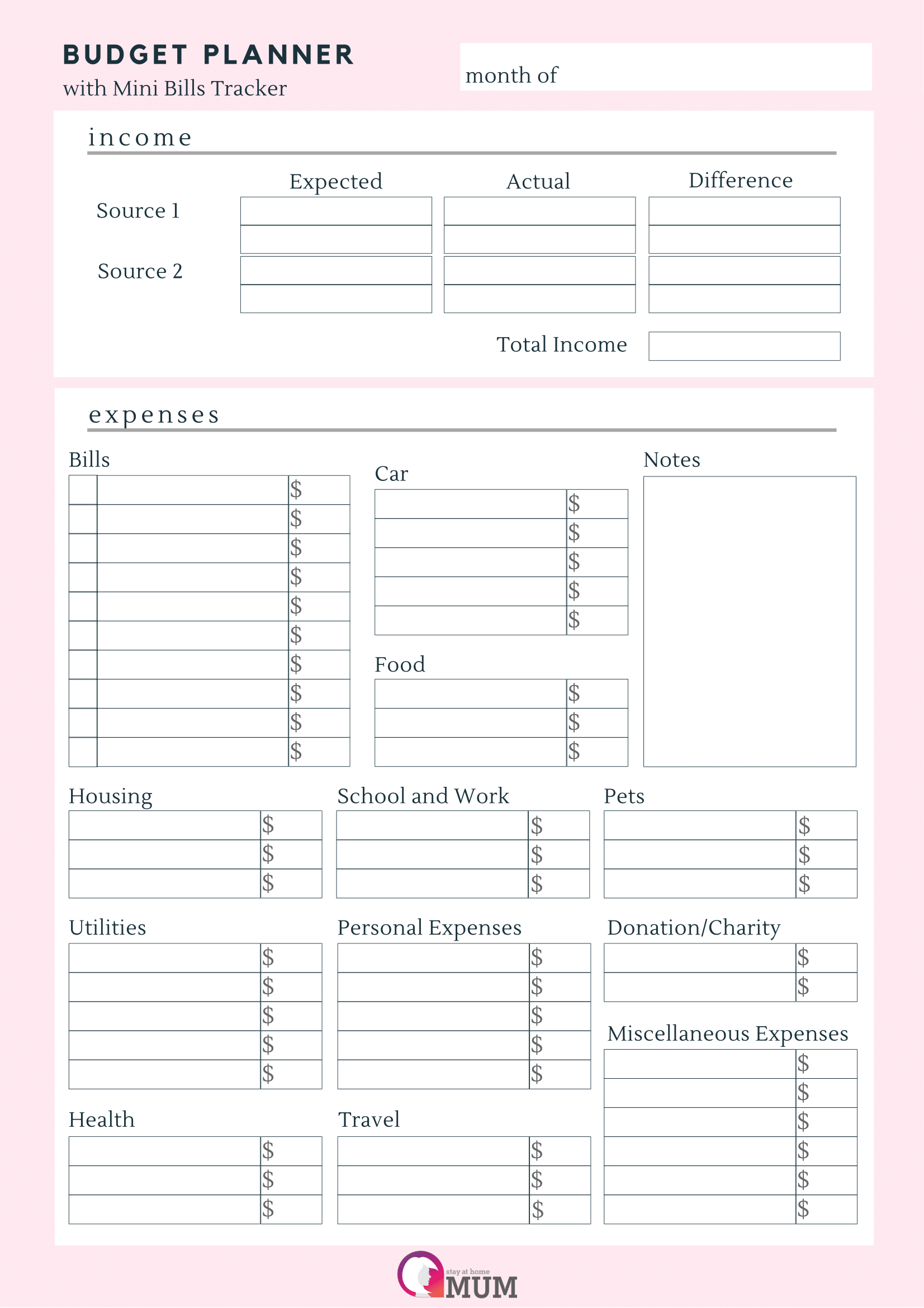 Budget Planner With Mini Bills Tracker Free Printable Stay At Home Mum