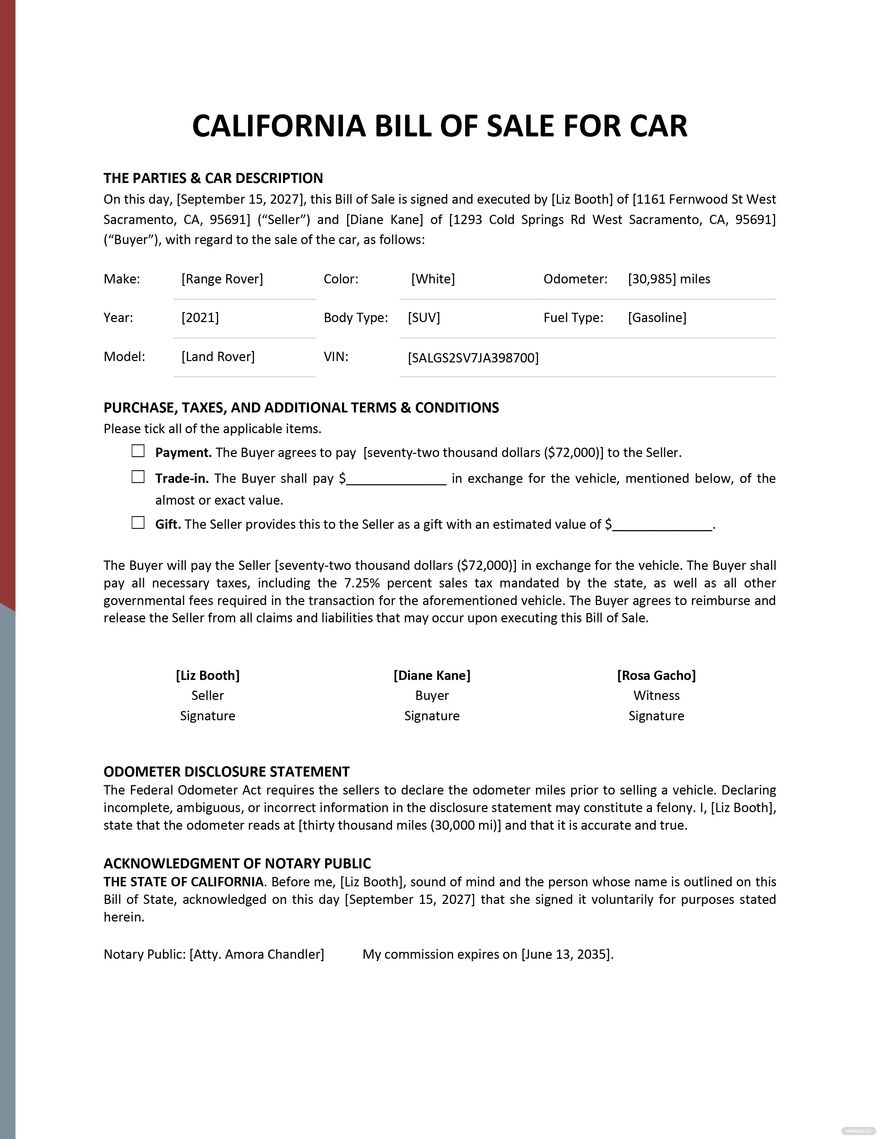 California Bill Of Sale For Car Template In PDF Word Google Docs Download Template