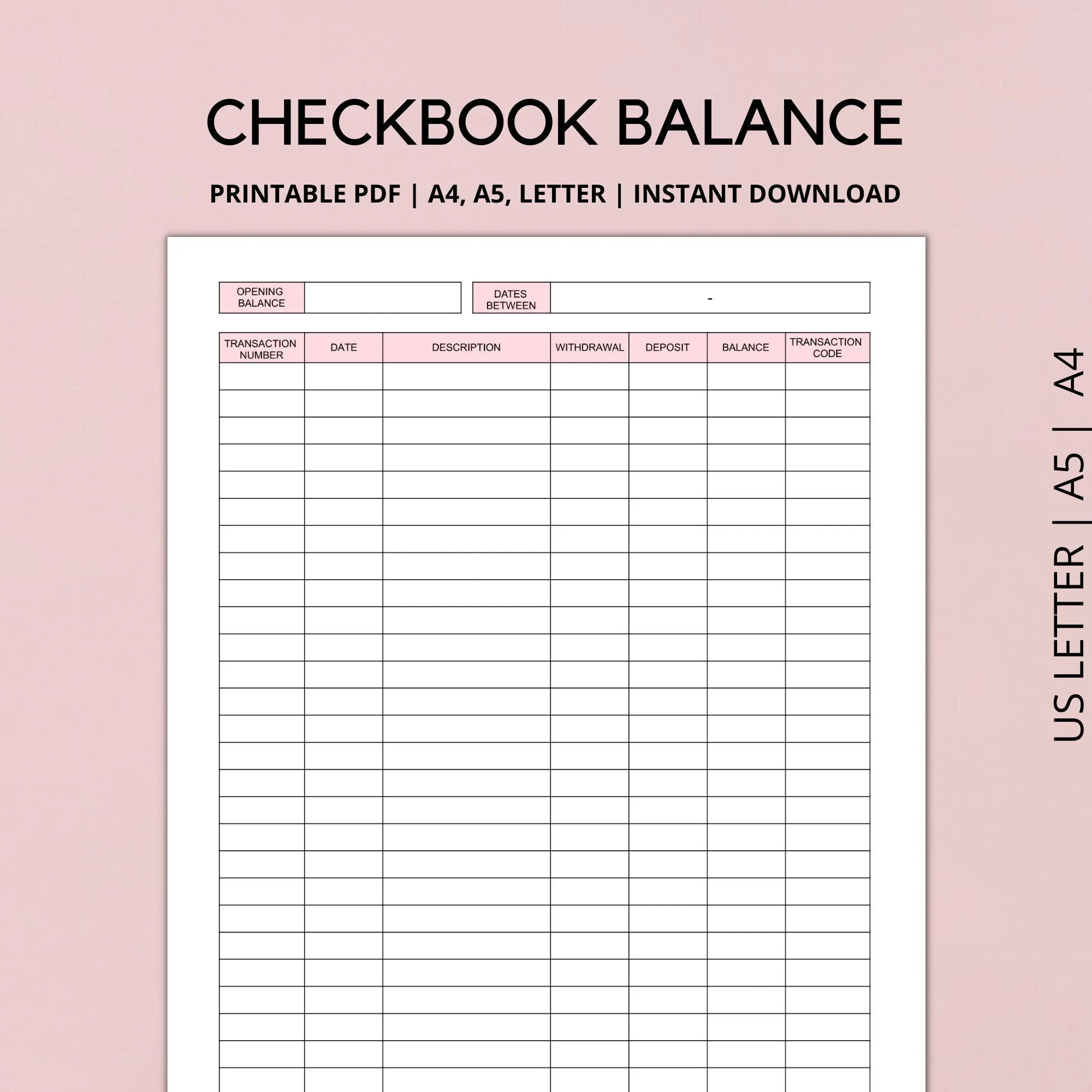 checkbook balance log printable transaction register a4 a5 letter pdf etsy