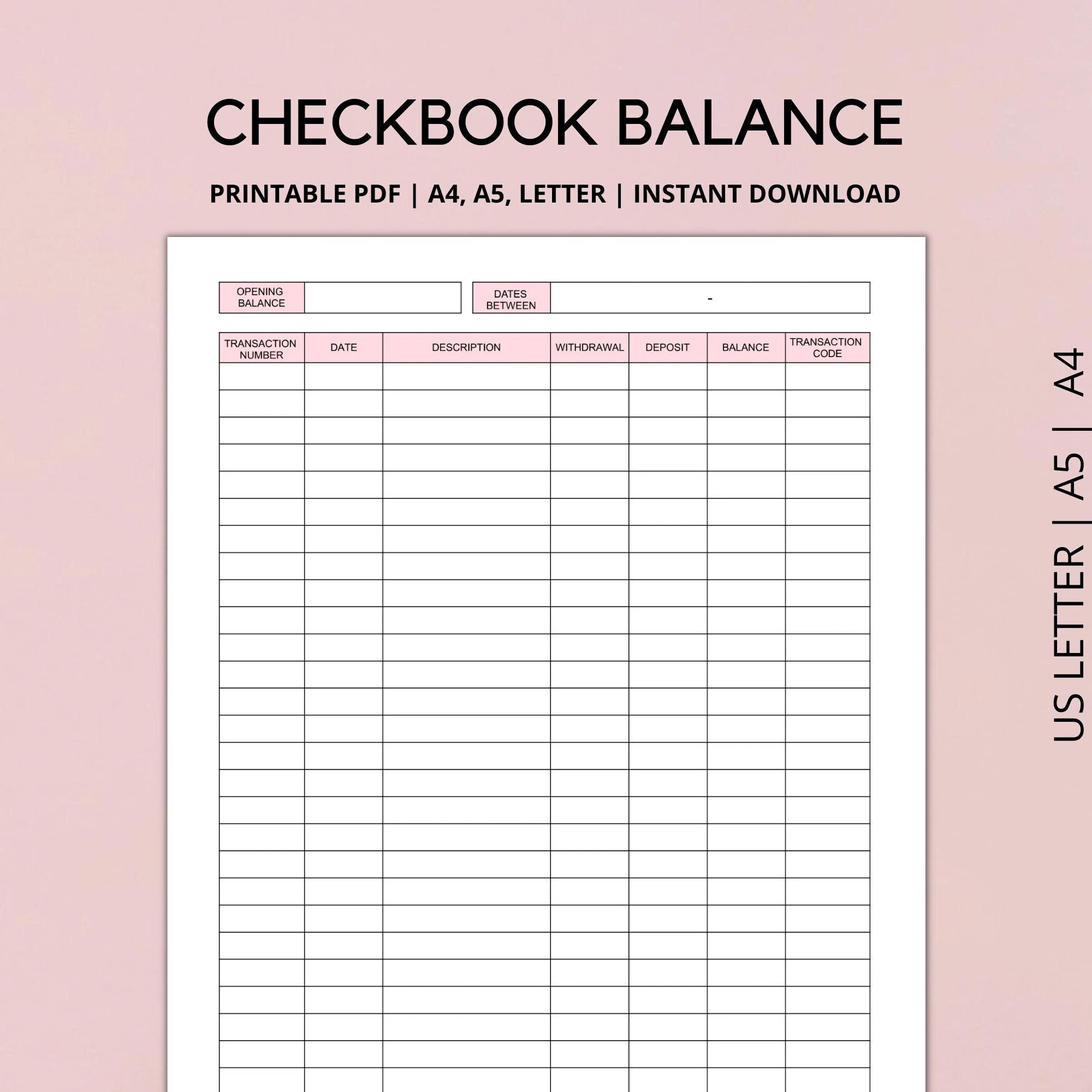 Checkbook Balance Log Printable Transaction Register A4 A5 Letter PDF Etsy