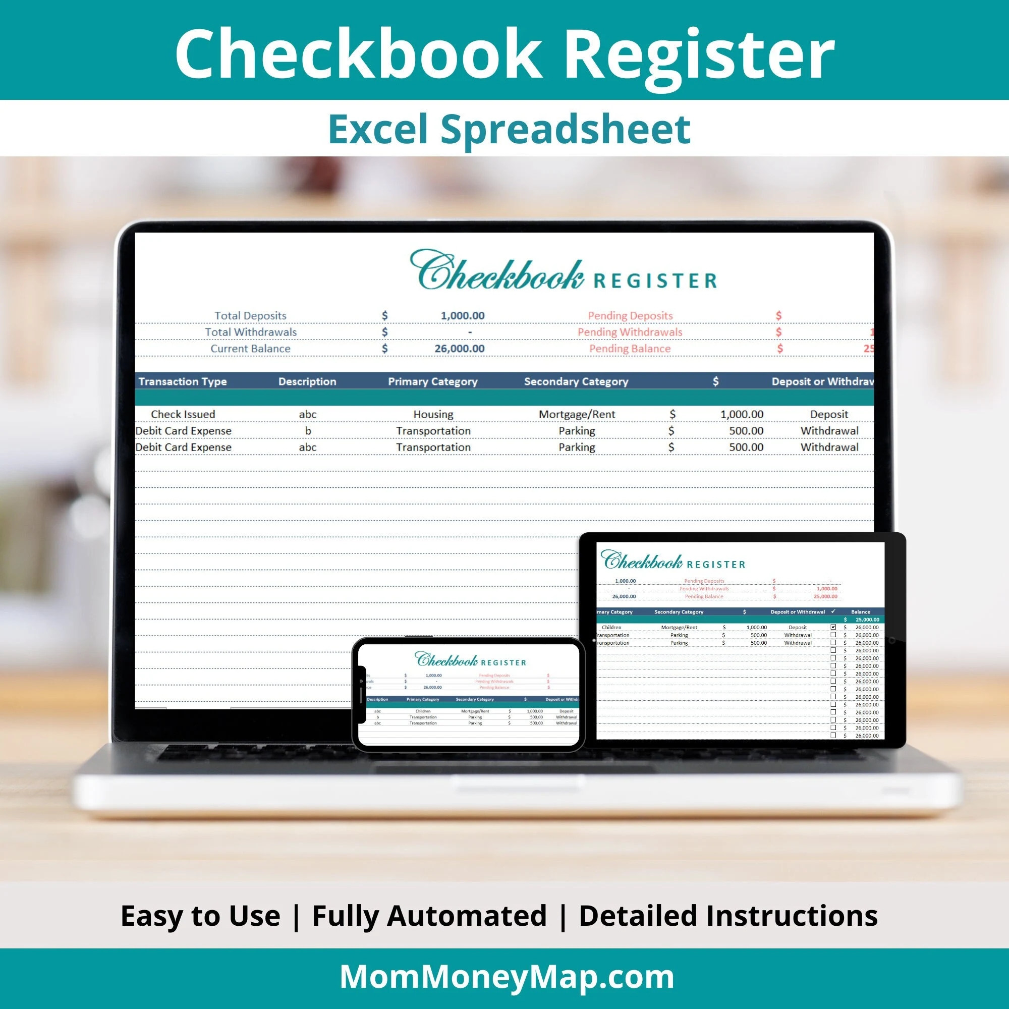 Checkbook Register Excel Spreadsheet Template Track Your Bank Accounts Checking Or Savings Account Transactions And Balance Digitally Etsy