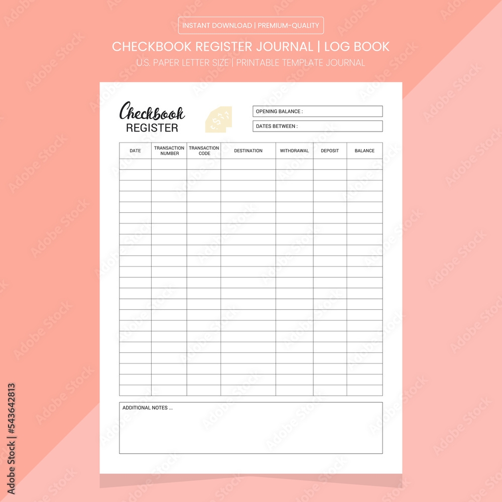 Checkbook Register Journal Checkbook Log Printable Template Checkbook Diary Stock Vector Adobe Stock