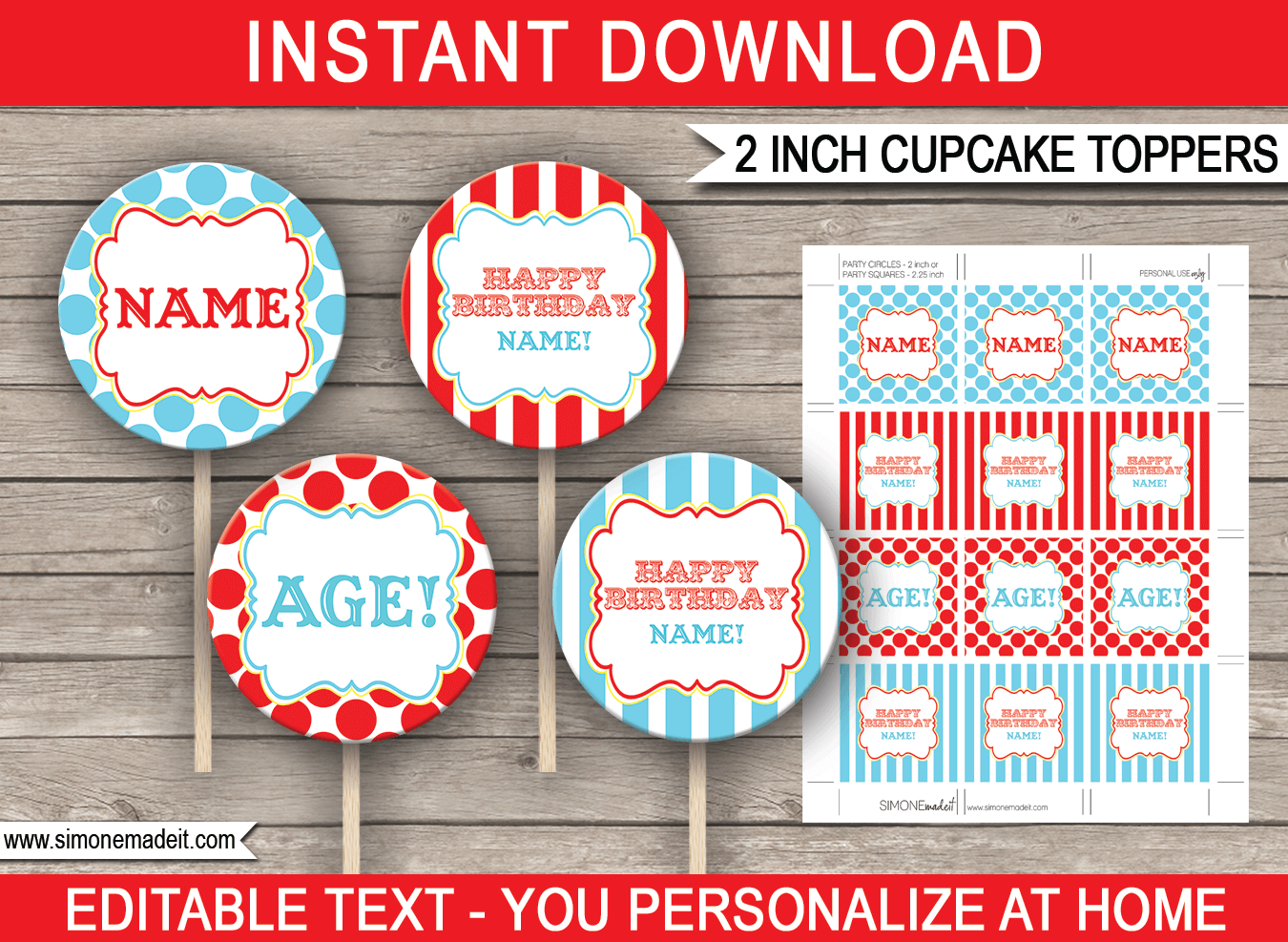 Circus Cupcake Toppers Printable Template Circus Theme Decorations