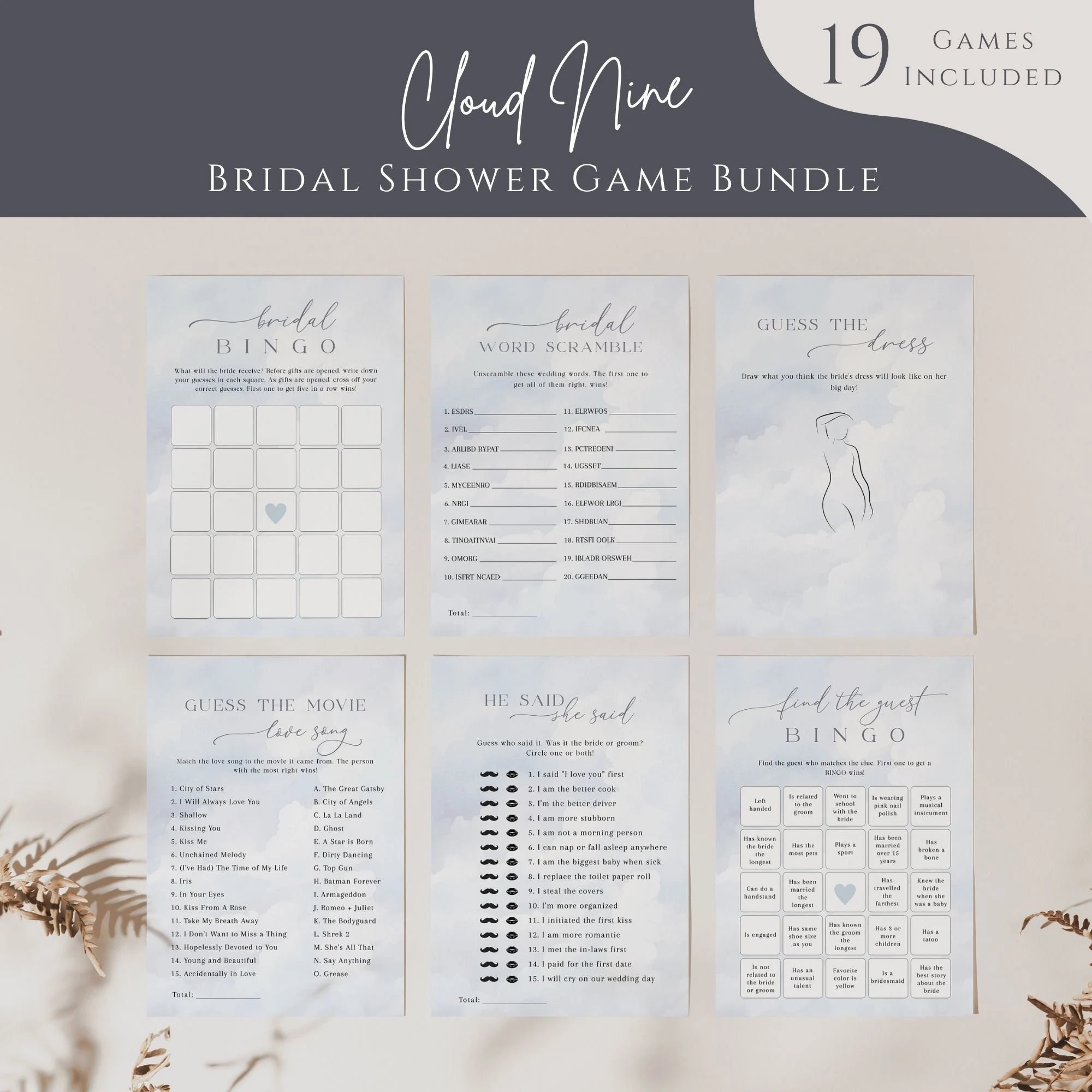 Cloud Nine Bridal Shower Games Bundle Printable Bridal Shower 