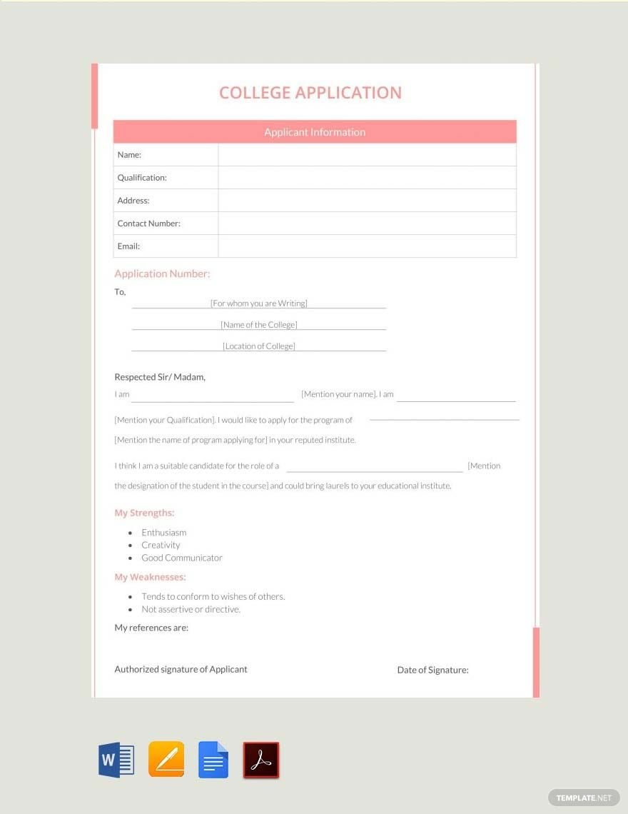 College Application Template In Word Pages PDF Google Docs Download Template