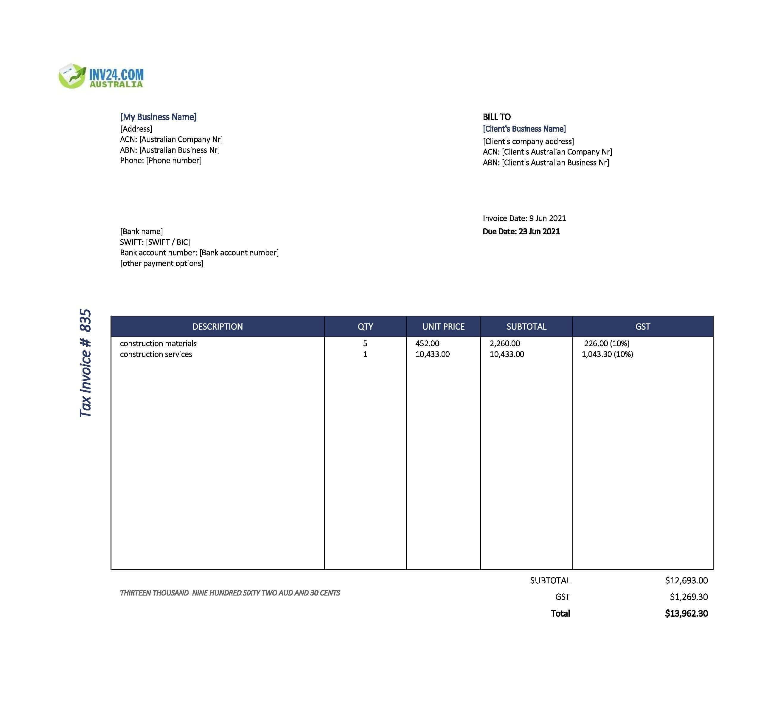 Construction Invoice Template Australia Excel Google Sheets 