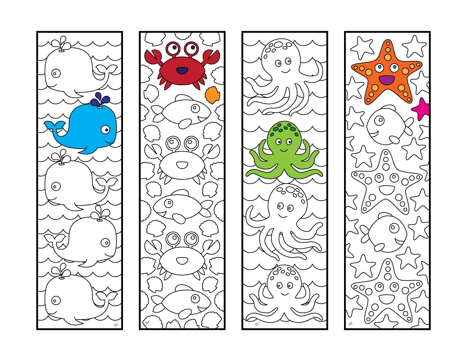 Cute Sea Animal Bookmarks PDF Coloring Page Whale Crab Octopus Starfish Etsy