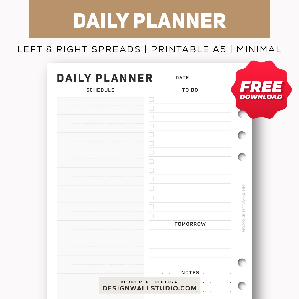 Daily Planner Printable Insert A5 Free PDF Download Two Page Layout 4 Versions