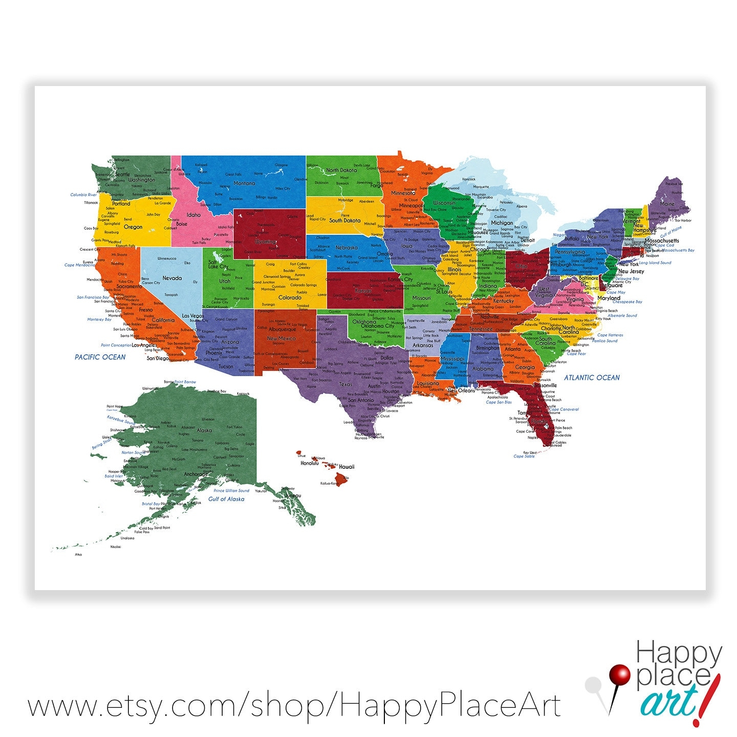 Detailed USA Map With Cities And States Labels US Map Print With City Names And State Names Added Neutral Colors Push Pin Map Idea Etsy