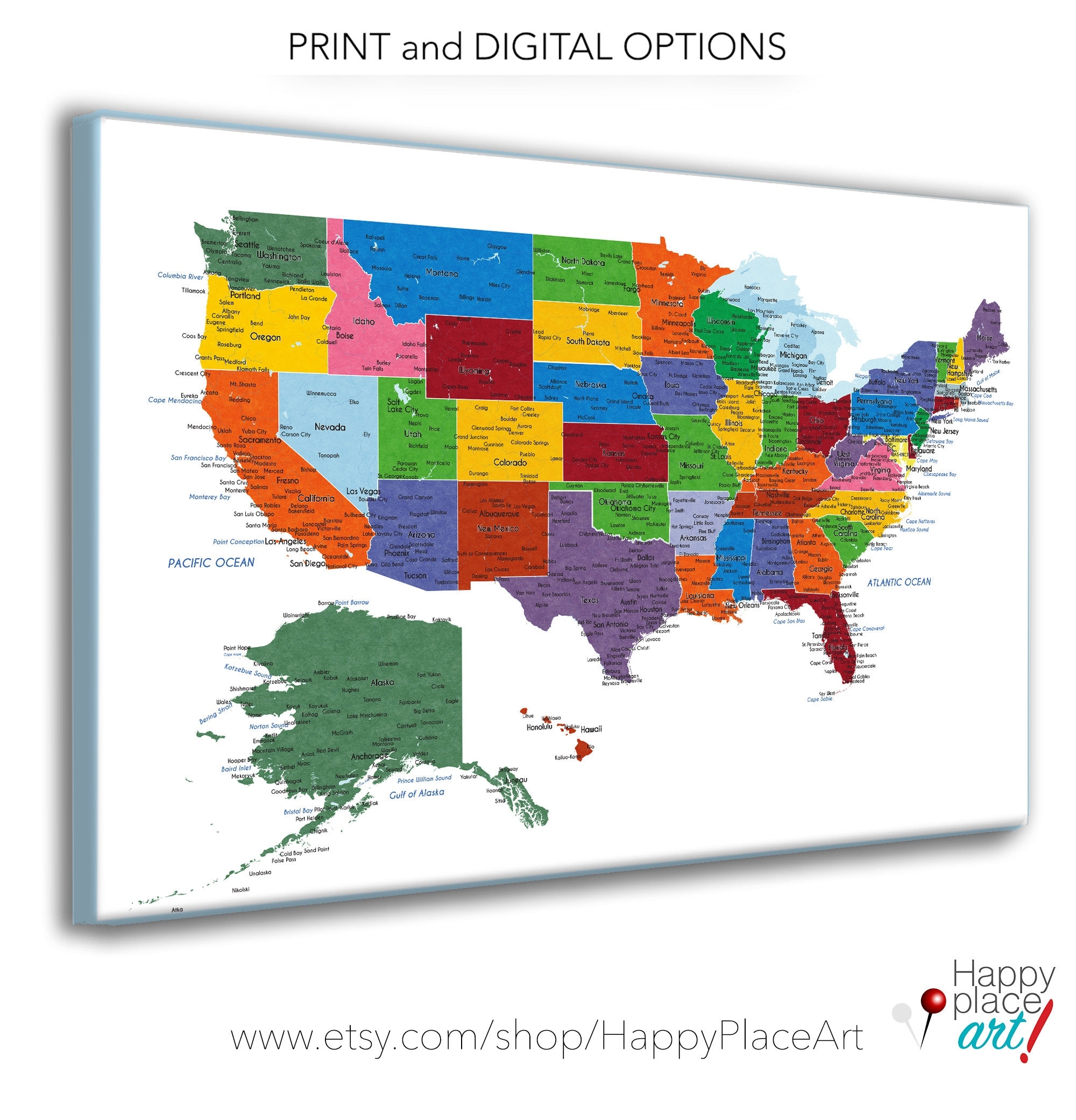 Detailed USA Map With Cities And States Labels US Map Print With City Names And State Names Added Neutral Colors Push Pin Map Idea Etsy