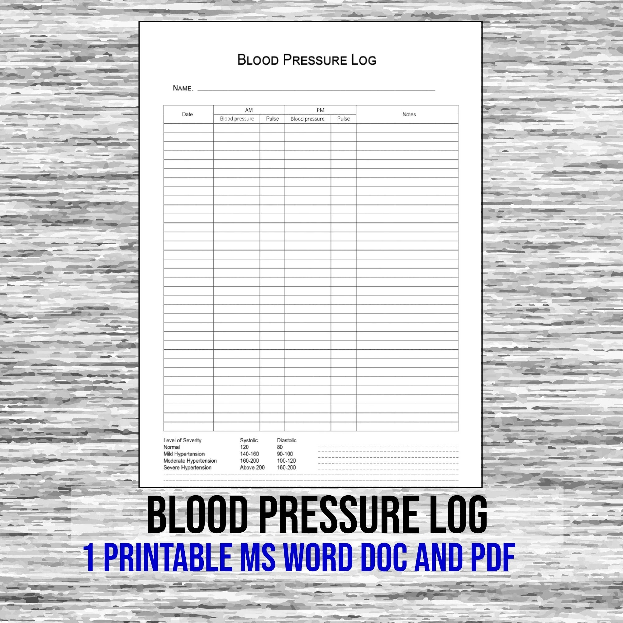 Digital Download Blood Pressure Log Blood Pressure Record Sheet Includes 1 Printable File In MS Word Doc And PDF File Formats Etsy
