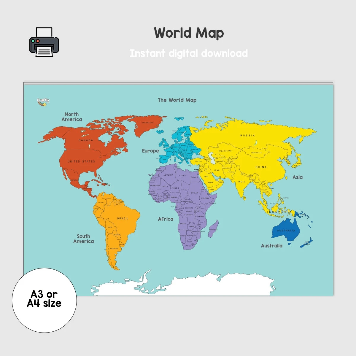 Digital Download World Map For Kids And Children Teachers And Schools Educational Learning Resources Countries And Geography Printables Etsy