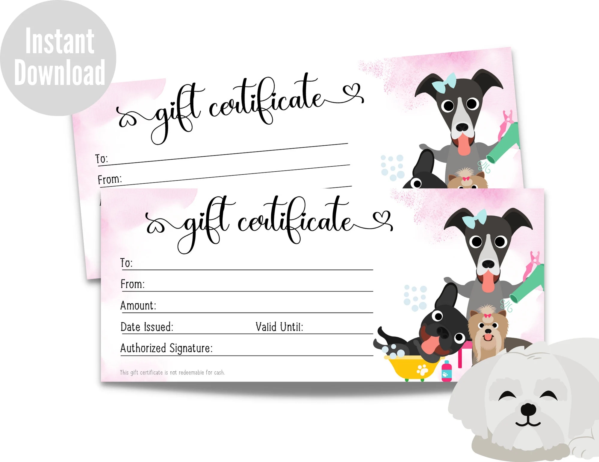 Dog Grooming Gift Certificate Printable Pet Gift Voucher Instant Download Pet Gift Coupon Dog Spa Card Etsy