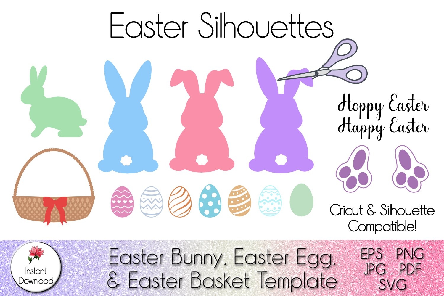 Easter Bunny Eggs Basket Paw Print SVG PNG PDF JPG