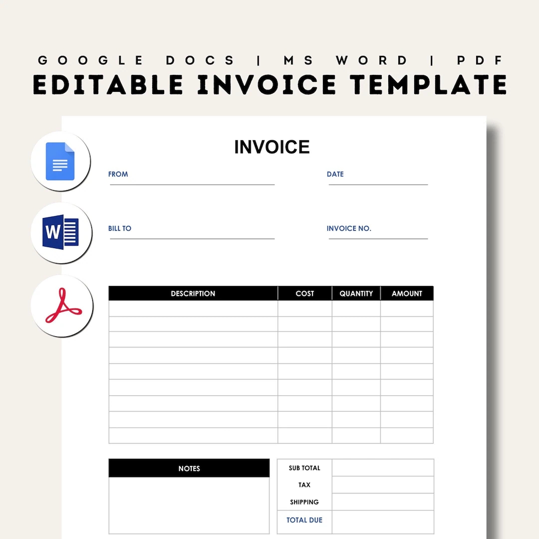 Editable Blank Invoice Template Google Docs Word PDF Printable Invoice Template A4 Professional Business Invoice Customizable Invoice Etsy