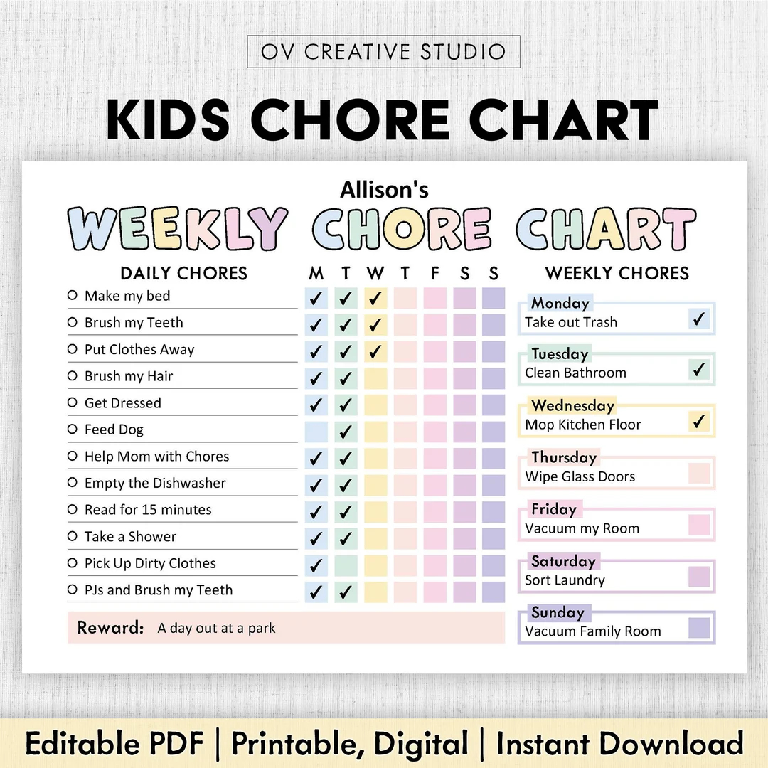 editable chore chart for kids printable kids daily weekly responsibility chart kids chore list kids daily routine checklist pdf etsy