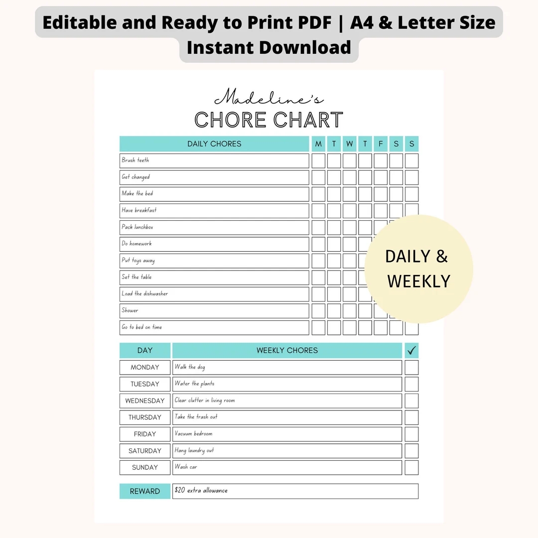 EDITABLE Daily Weekly Chore Chart For Teens Kids Chore Chart Simple Teens Reward Chore Chart Printable And Editable Instant Download Etsy
