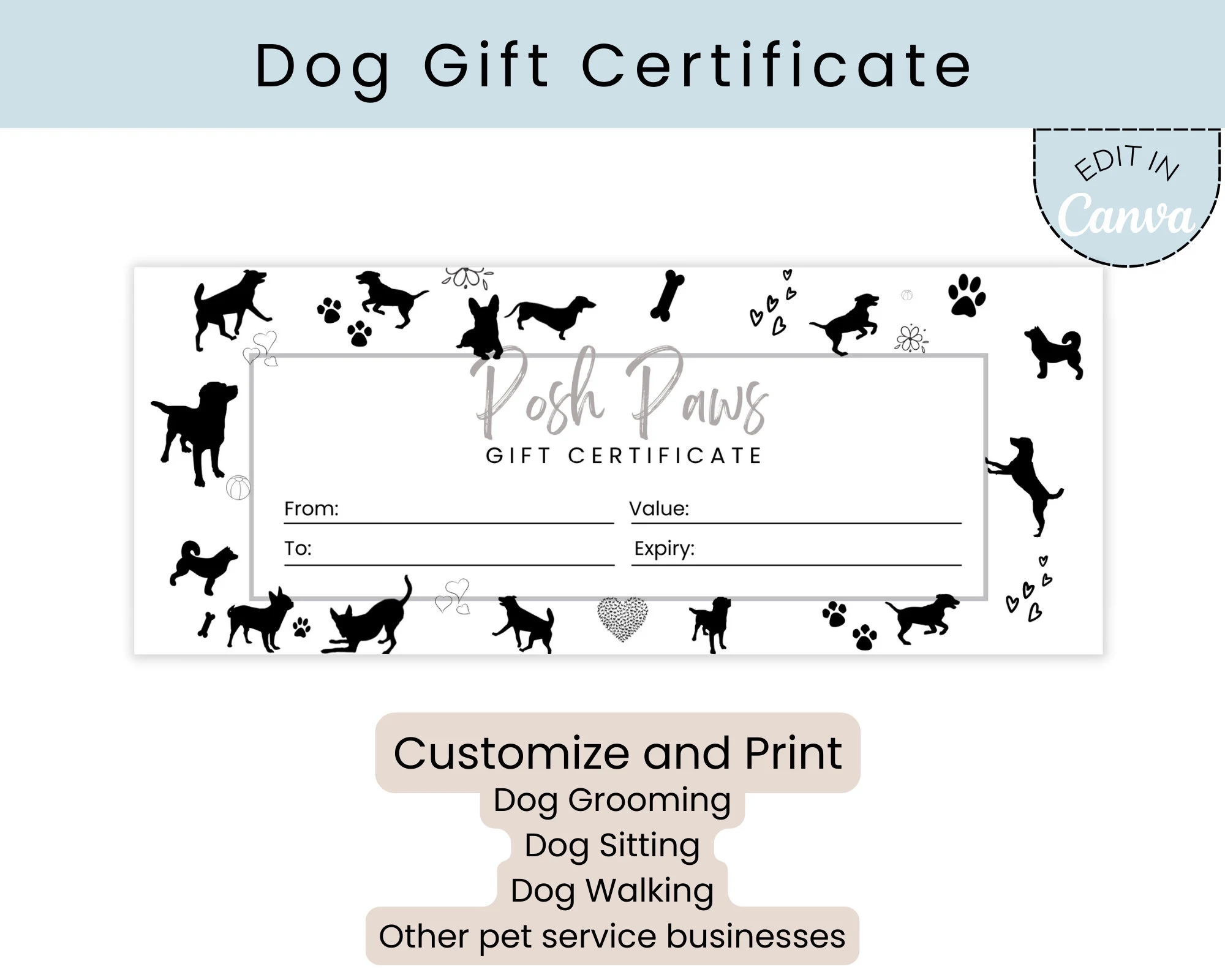 Editable Gift Certificate Template Dog Grooming Dog Walking Dog Sitting DIY Gift Voucher For Small Business Add Your Logo Etsy
