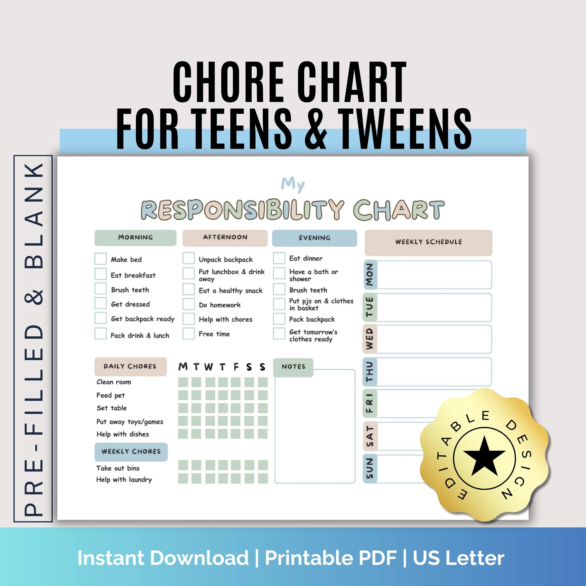 Editable Responsibility Chore Chart For Teens Tweens Printable Daily Weekly Routine Chores And Schedule Digital PDF Canva Template Etsy