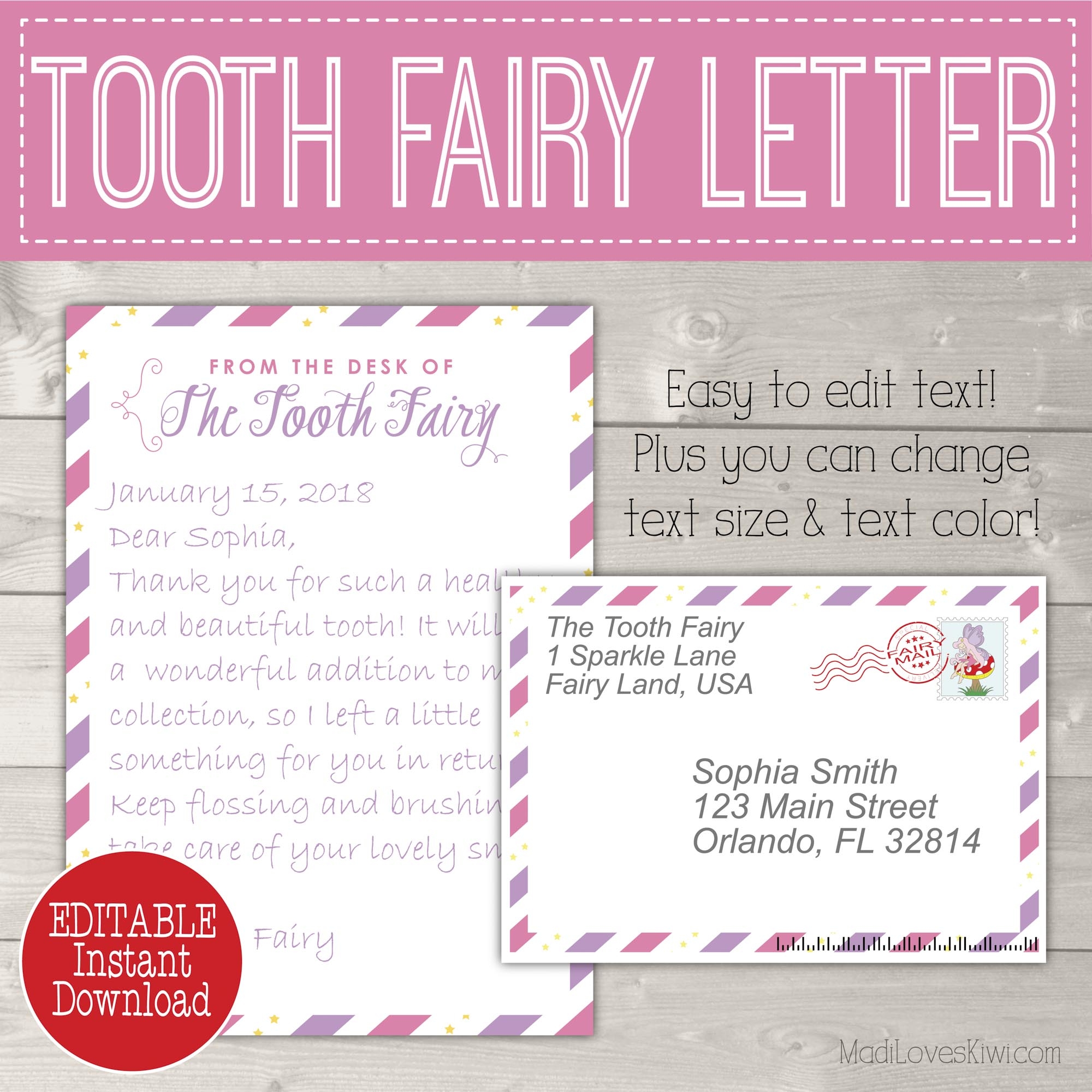 Editable Tooth Fairy Letter With Envelope Printable Pink Purple Stripes Madi Loves Kiwi Digital Downloads