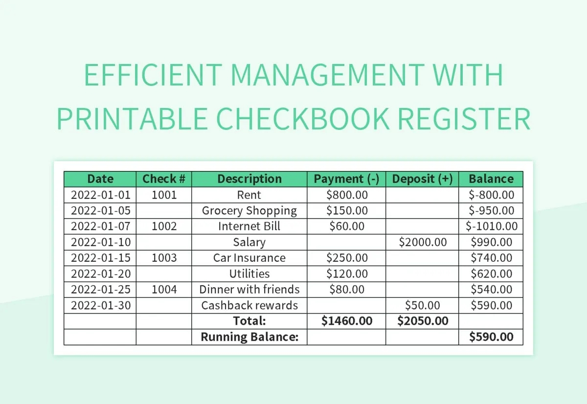 Efficient Management With Printable Checkbook Register Excel Template And Google Sheets File For Free Download Slidesdocs