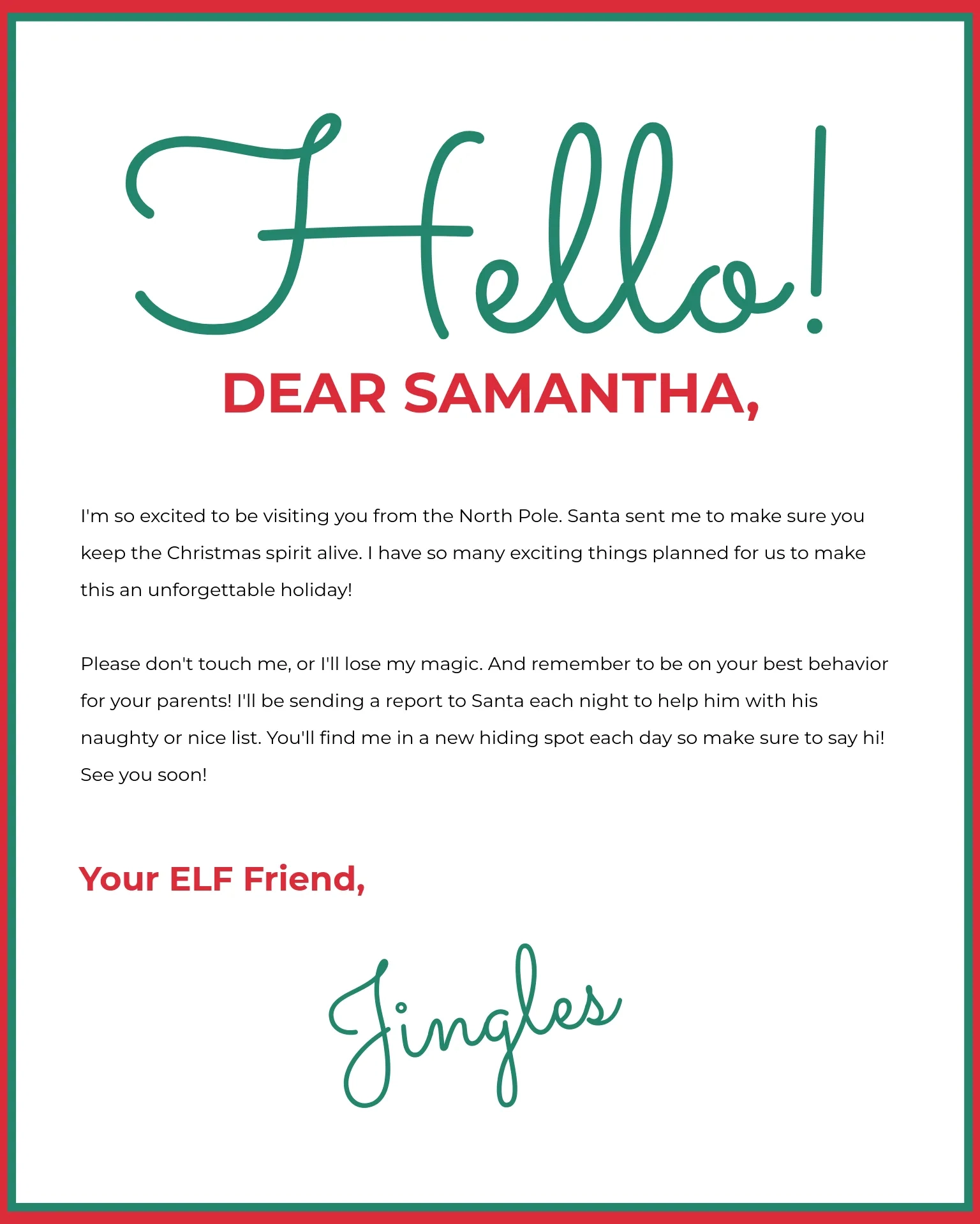 Free Printable Elf On A Shelf Letter Template