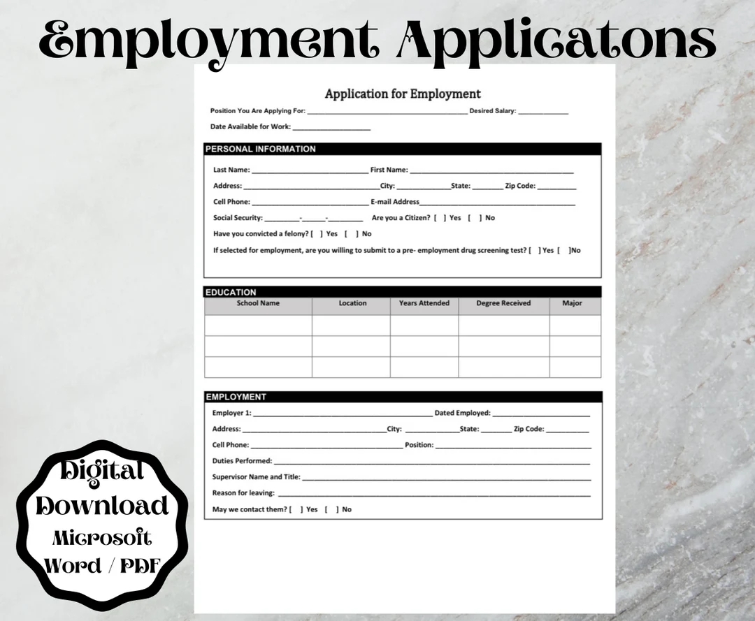 Employment Application Form Template word Printableu0026 Editable Etsy