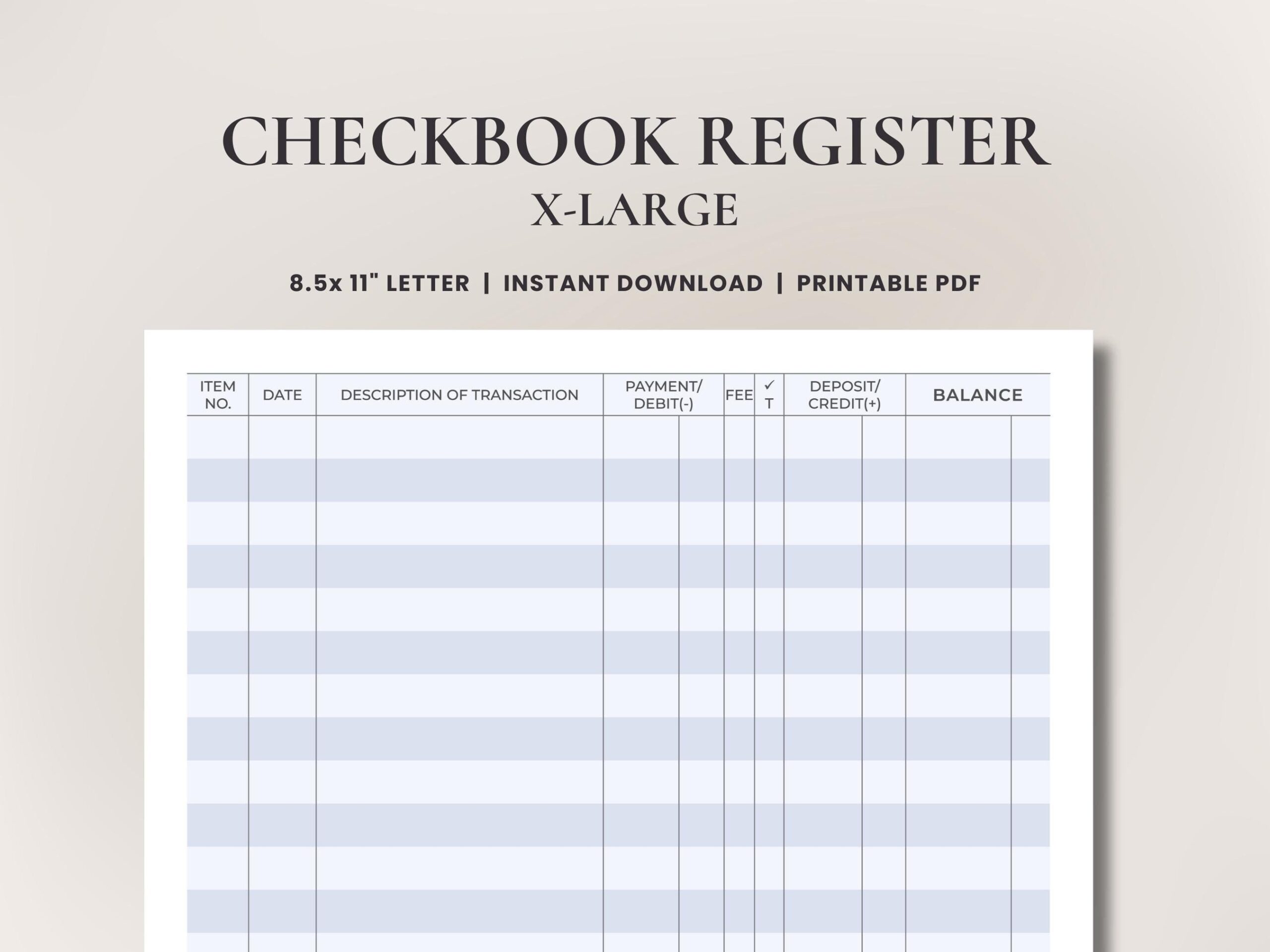 EXTRA LARGE Checkbook Register Printable PDF File 1 0 In Line Width 8 5 X 11 In 14 Lines Per Page Easy to read Landscape Print Etsy