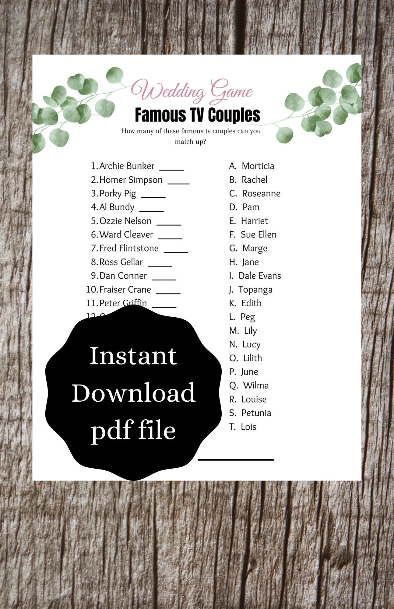Famous TV Couples Bridal Shower Game Unique Bridal Shower Games Printable Wedding Game FREE Printable Game With Purchase Eucalyptus Etsy