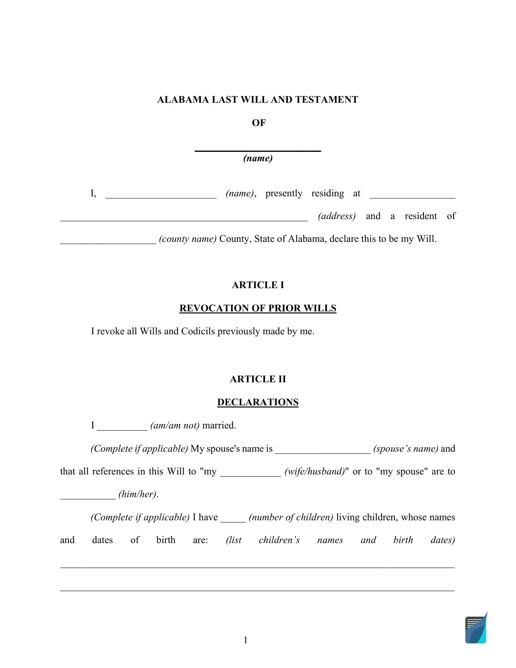 Fillable Alabama Last Will And Testament Form FREE FormsPal