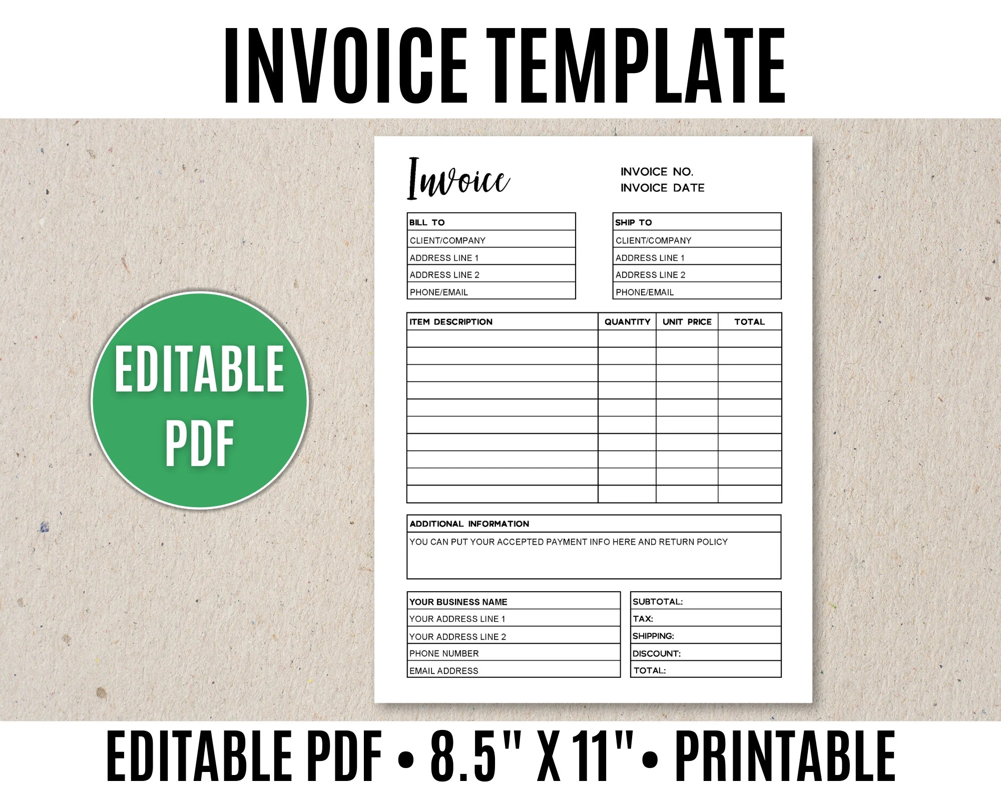 Fillable Invoice Invoice Template Editable Printable Business Invoice Editable PDF Etsy