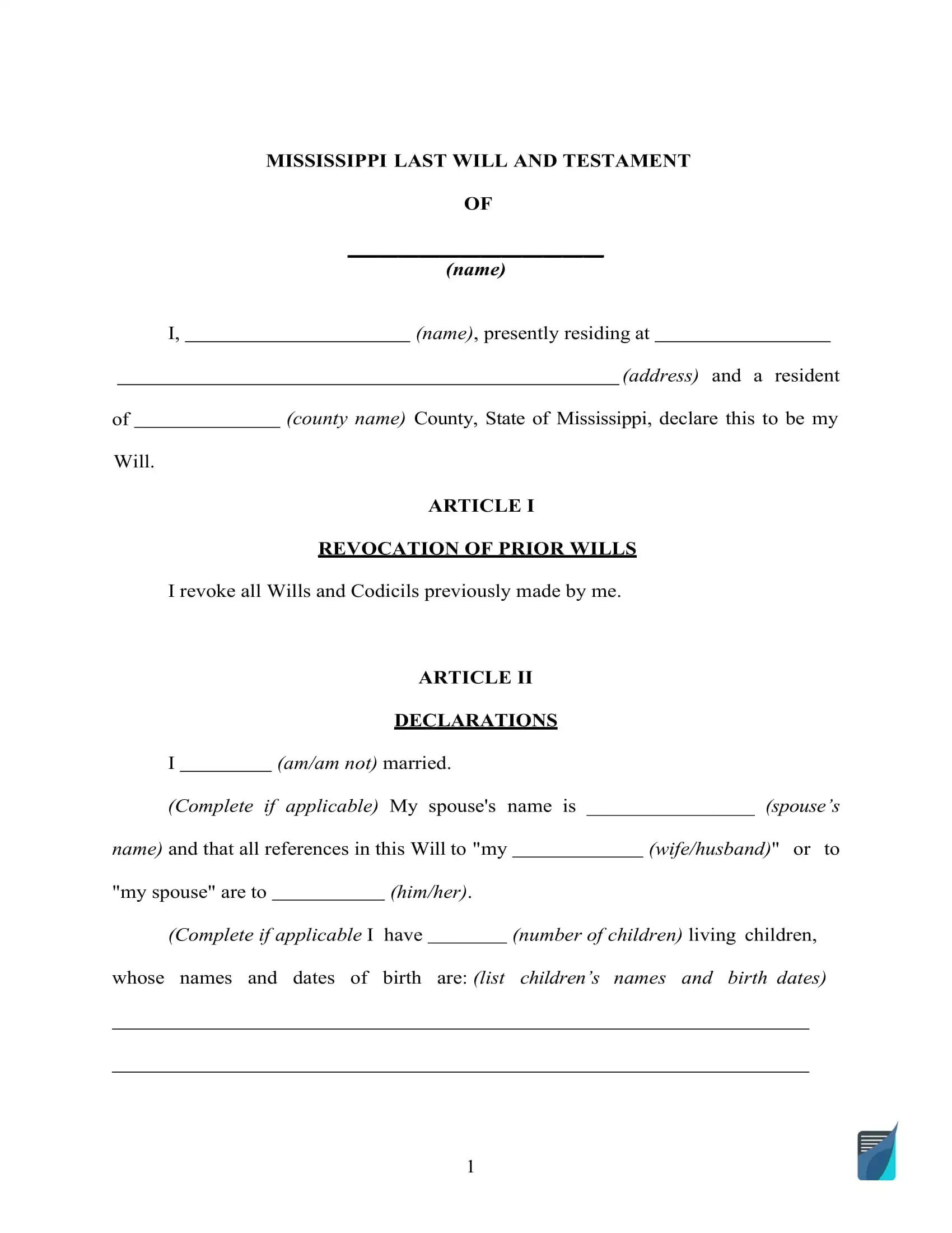 Fillable Mississippi Last Will And Testament Form Free FormsPal