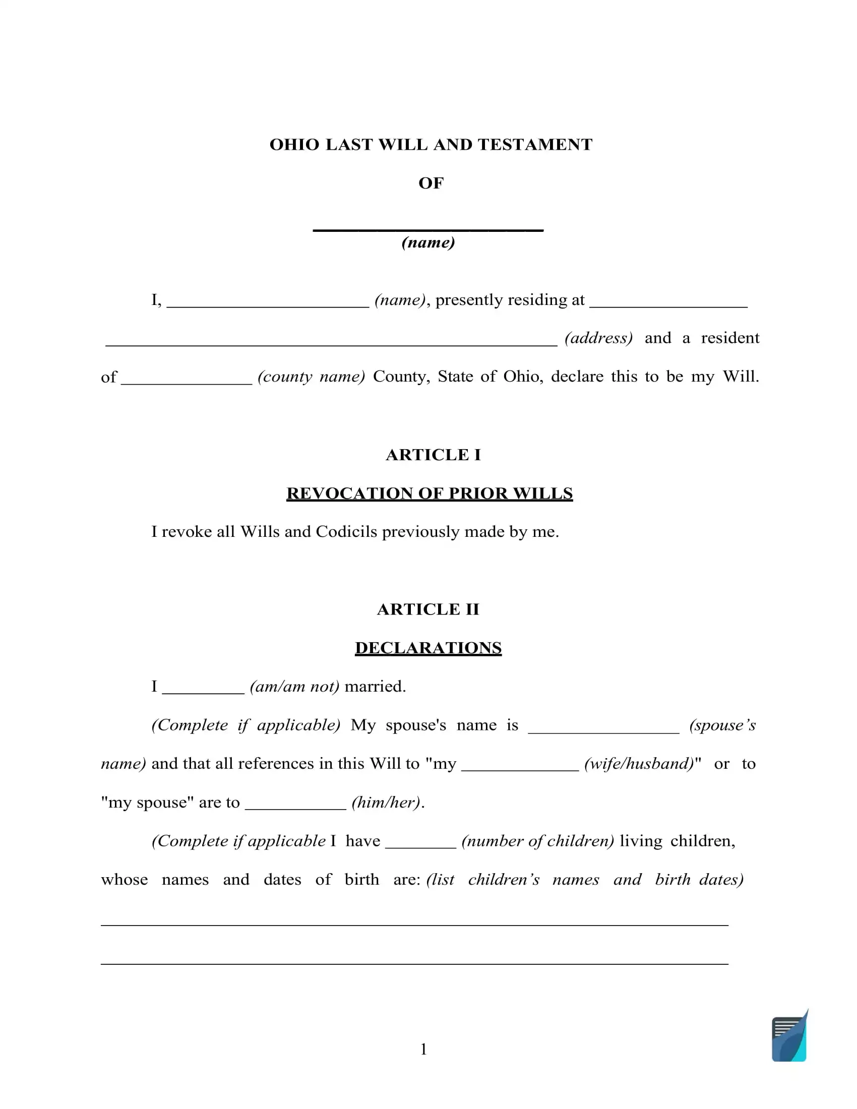 Fillable Ohio Last Will And Testament Form Free FormsPal