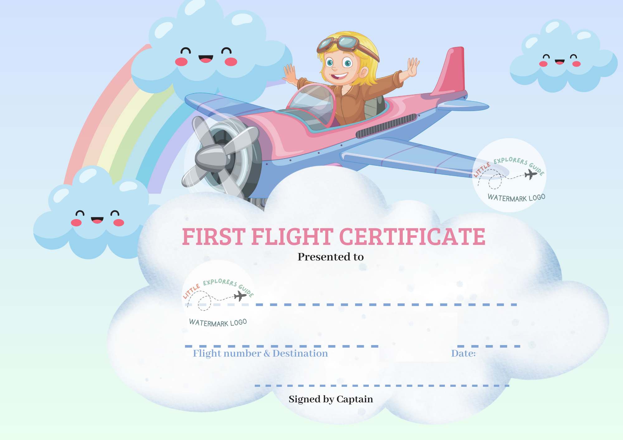 First Flight Certificate For Kids Downloadable And Printable Rainbow Plane Flying With A Baby