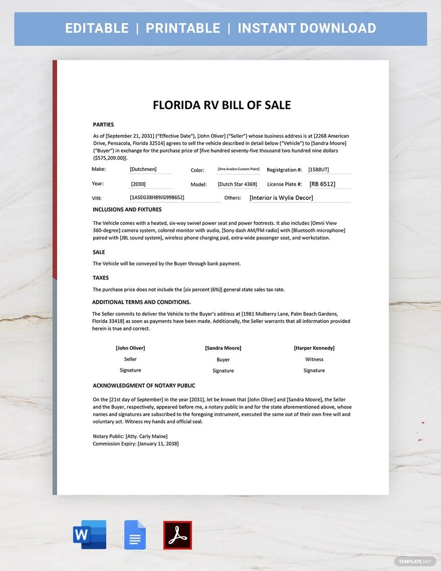 Free Printable Bill Of Sale For Rv In Florida