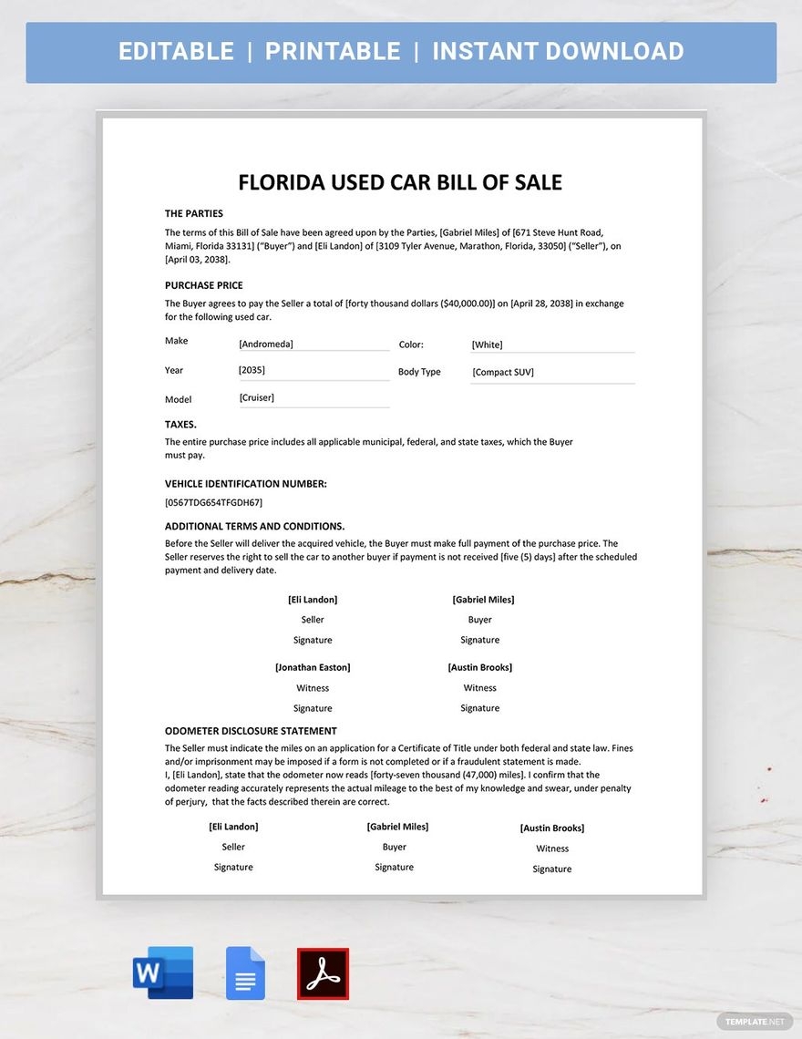 Florida Used Car Bill Of Sale Template In Word PDF Google Docs Download Template
