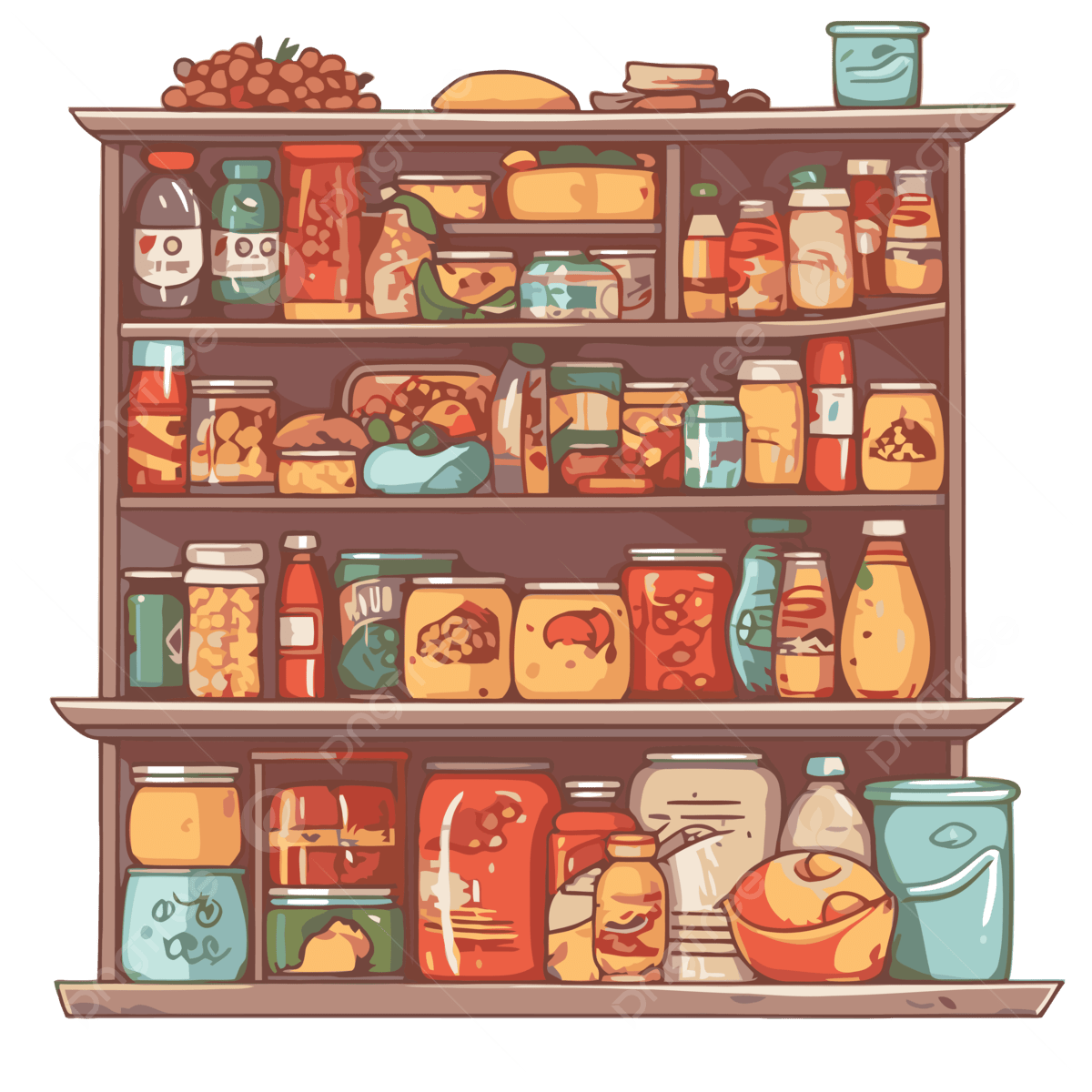 Food Pantry Vector Sticker Clipart Pantry With Various Canned Food And Supplies Background Cartoon Sticker Clipart PNG And Vector With Transparent Background For Free Download