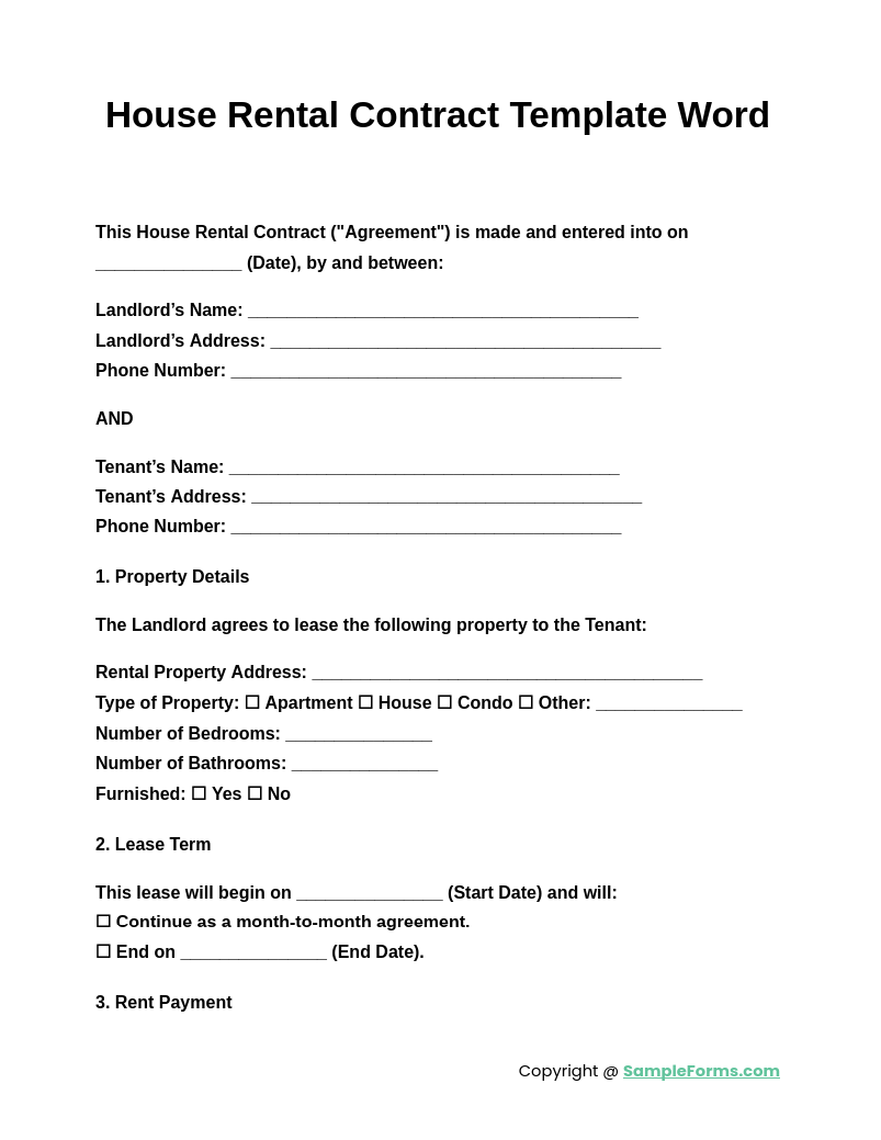 Simple Home Rental Agreement Free Printable