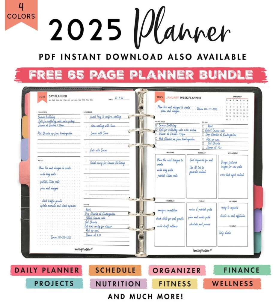 Free 2025 Planner 65 Page Printable Planner 4 Color Styles
