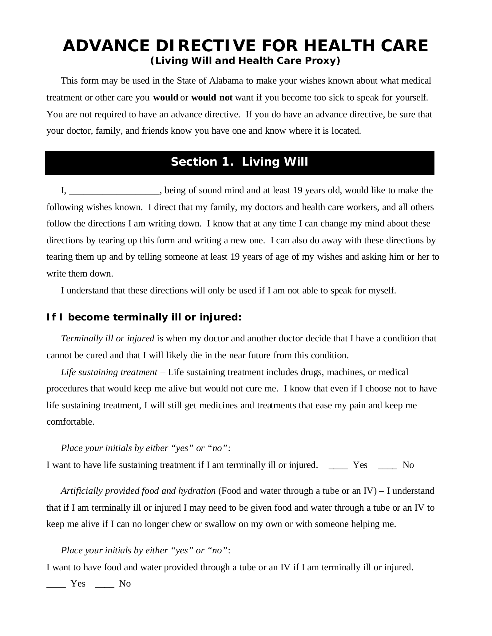 Free Alabama Advance Directive Form PDF EForms